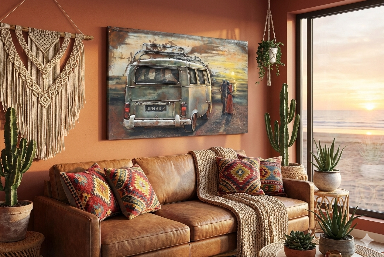 3d schilderij metaal vakantie VW bus zonsondergang 80x120cm eliassen.nl