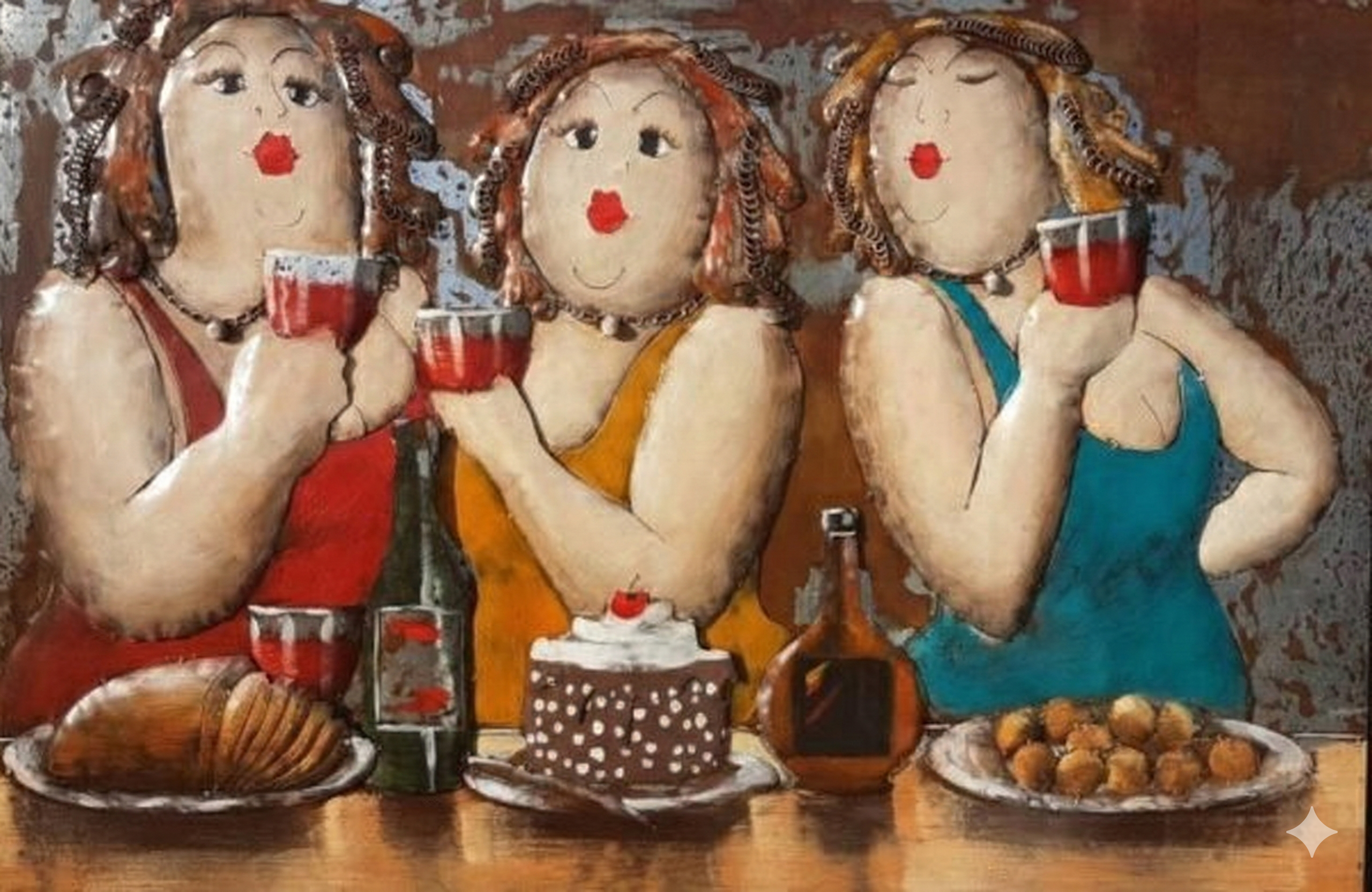 3D metaalschilderij 3 dikke dames 80x120cm