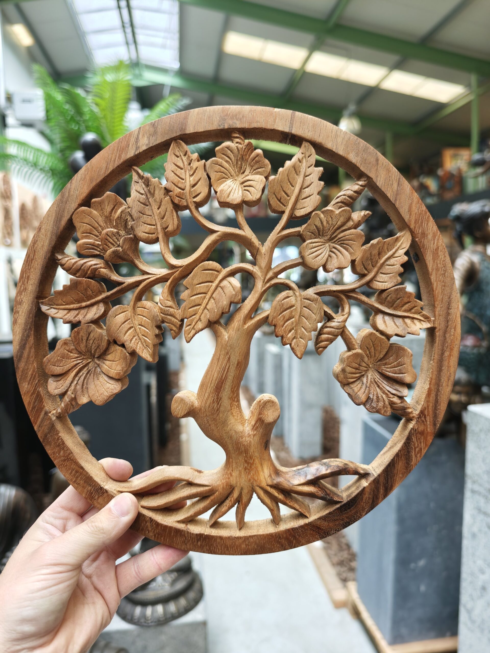Wandpaneel hout rond Levensboom met bloem en blad 30cm