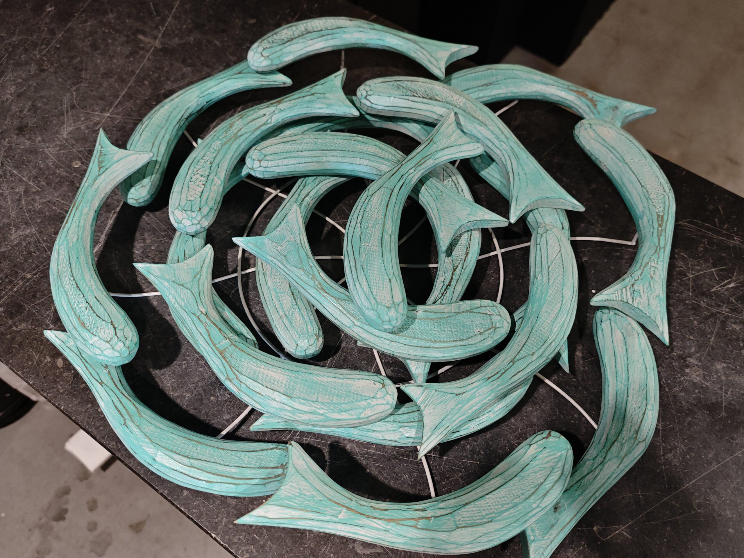 Wall decoration 3d wood Whirlpool with fish 55cm blue