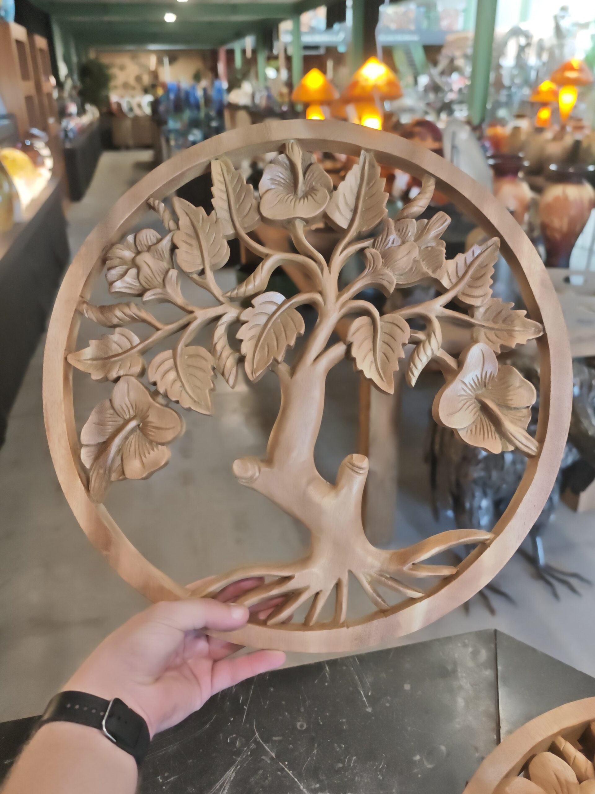 Wandtafel rund Holz Lebensbaum Blatt und Blume 40cm