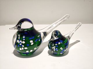 Vogelsetje glas blauw-groen 12 en 19cm eliassen.nl