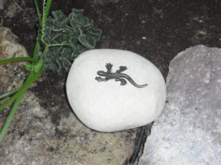 Bronzen beeldje mini salamander op kei - Eliassen.nl