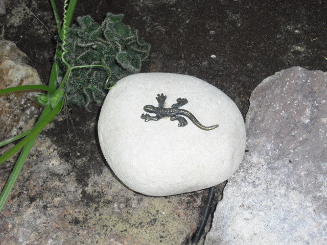 Bronzen beeldje mini salamander op kei - Eliassen.nl