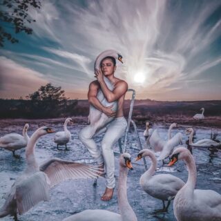 Glass painting man with white swans 100x100cm.