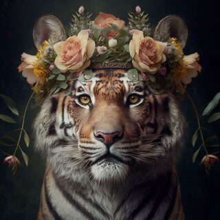 Glass painting Tiger with garland of flowers -Eliassen.nl