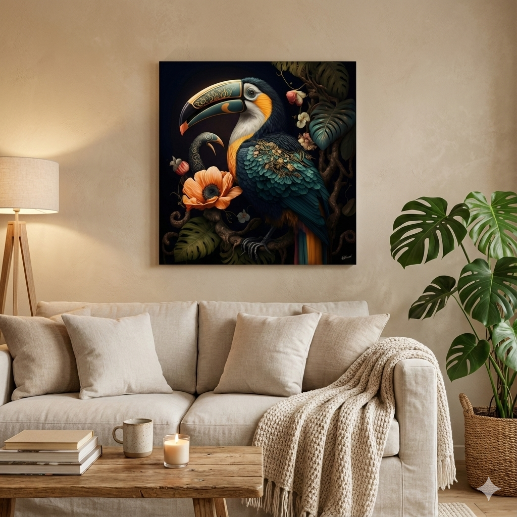 Glasschilderij 3d prachtige Toekan 120x120cm