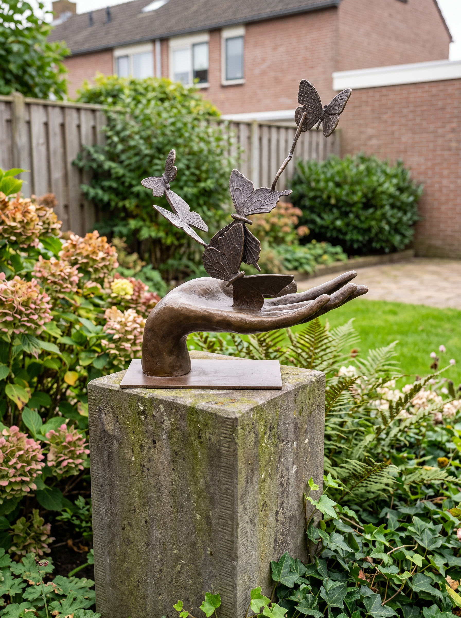 Sculptuur Brons wegvliegende vlinders uit hand 34cm