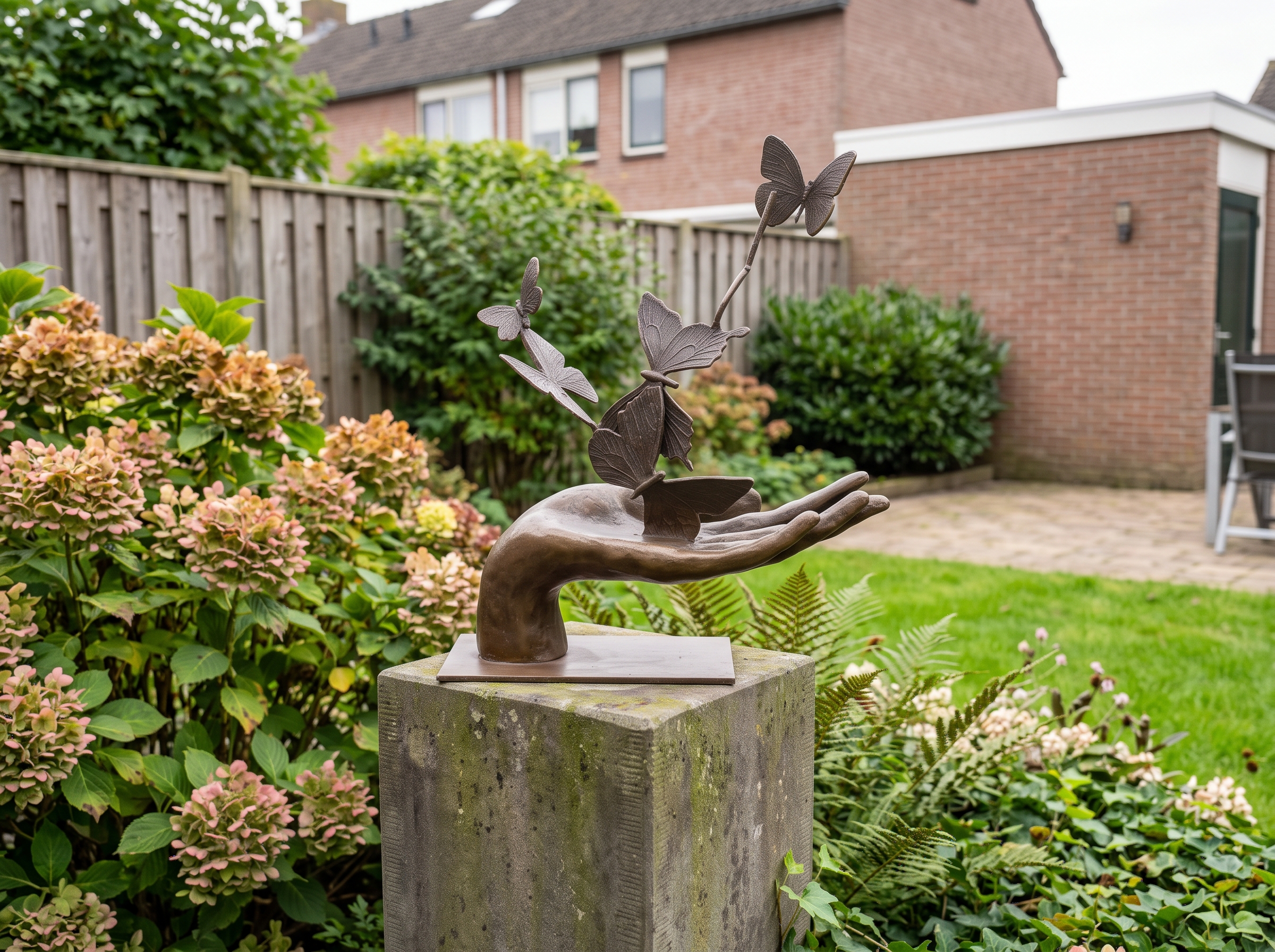 Sculptuur Brons wegvliegende vlinders uit hand 34cm