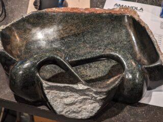 Speckstein Skulptur Vogeltränke mit 2 Vögeln 39cm