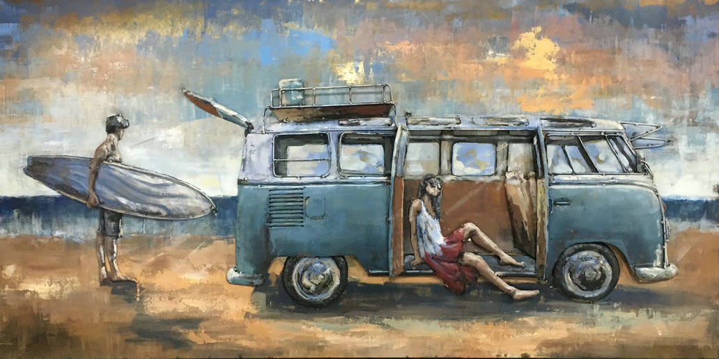 metalen schilderij bus op strand - Eliassen.nl