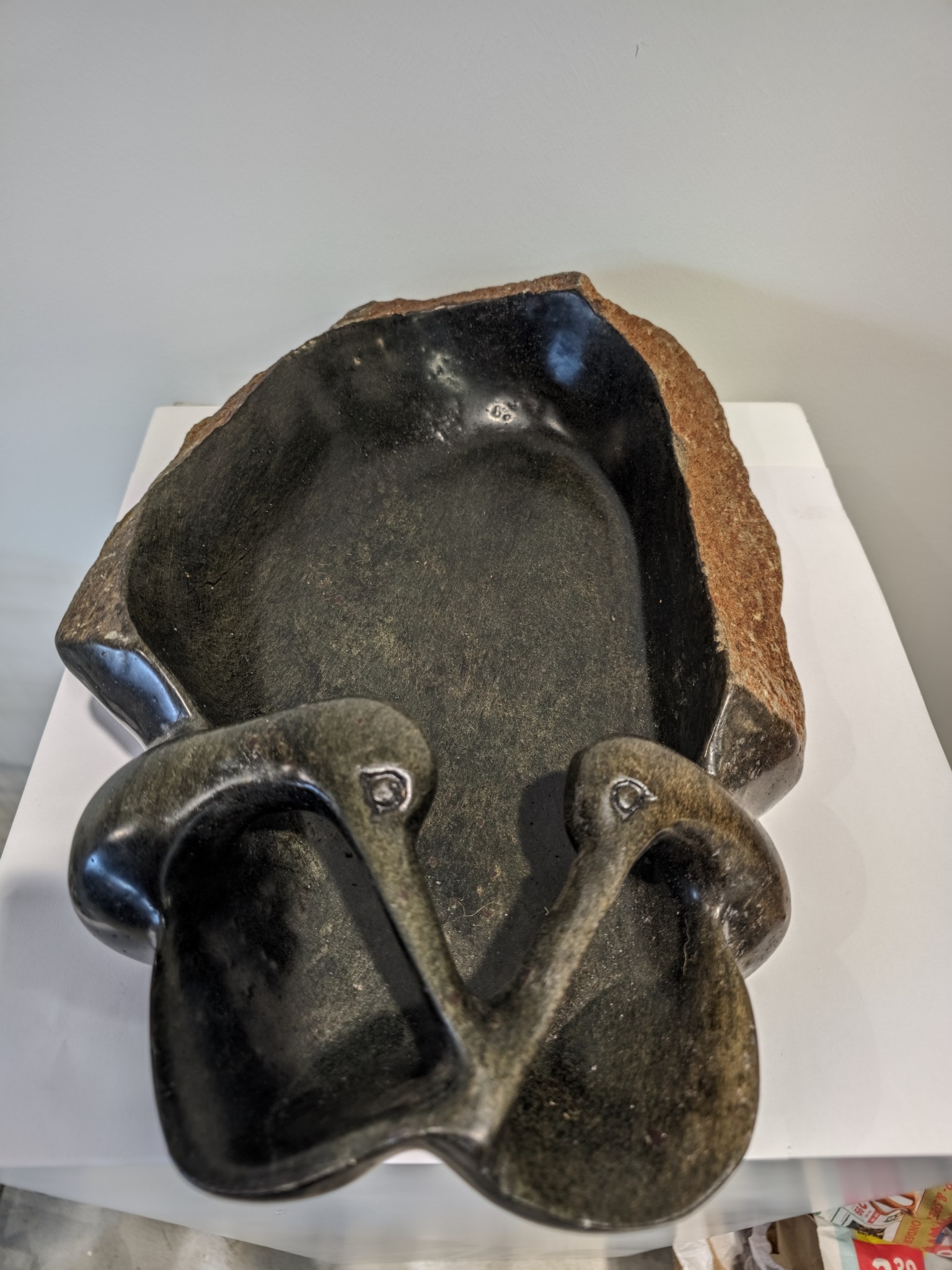 Soapstone sculpture bird bath with 2 birds 39cm eliassen.nl 1