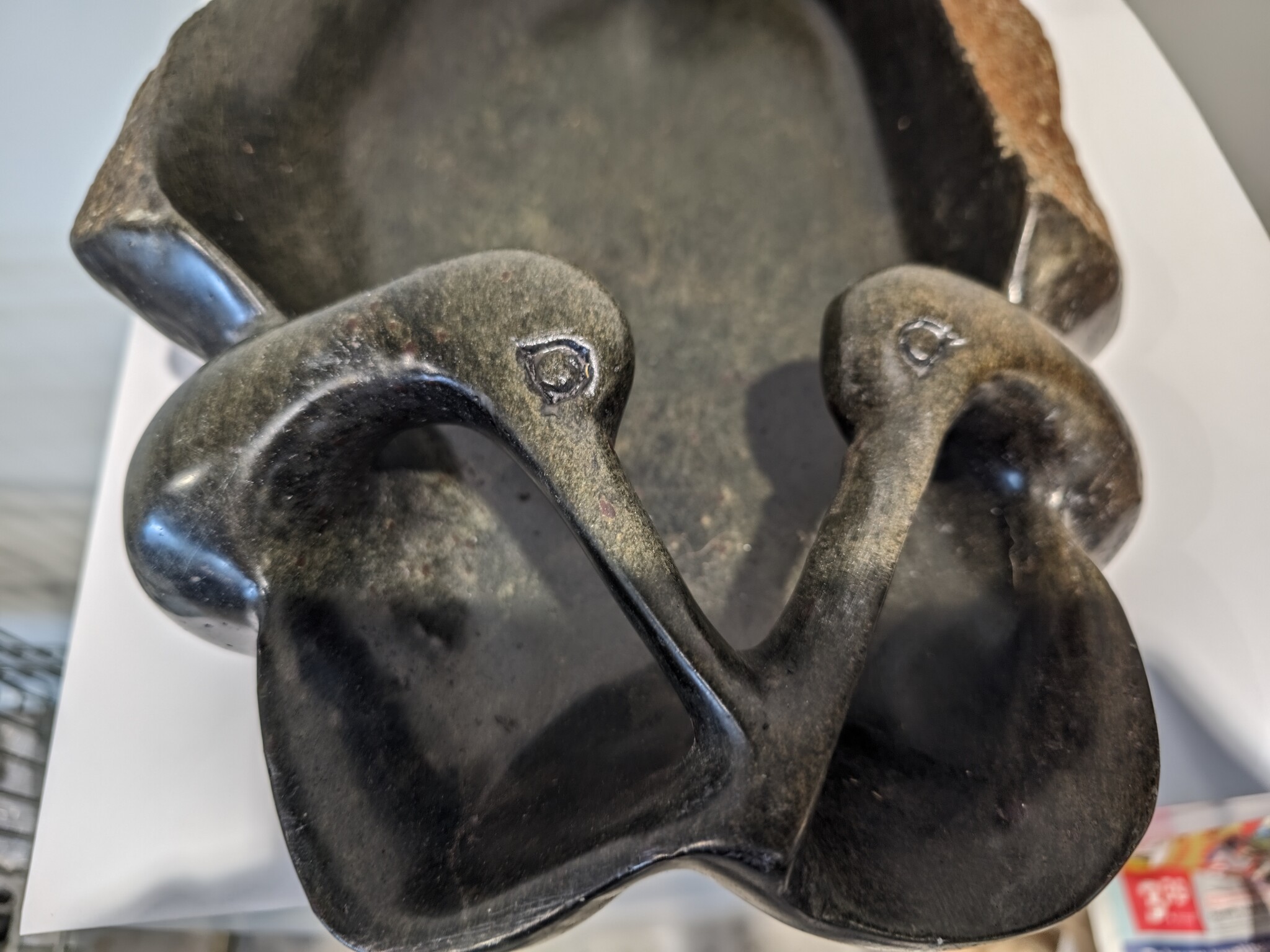 Soapstone sculpture bird bath with 2 birds 39cm eliassen.nl 2