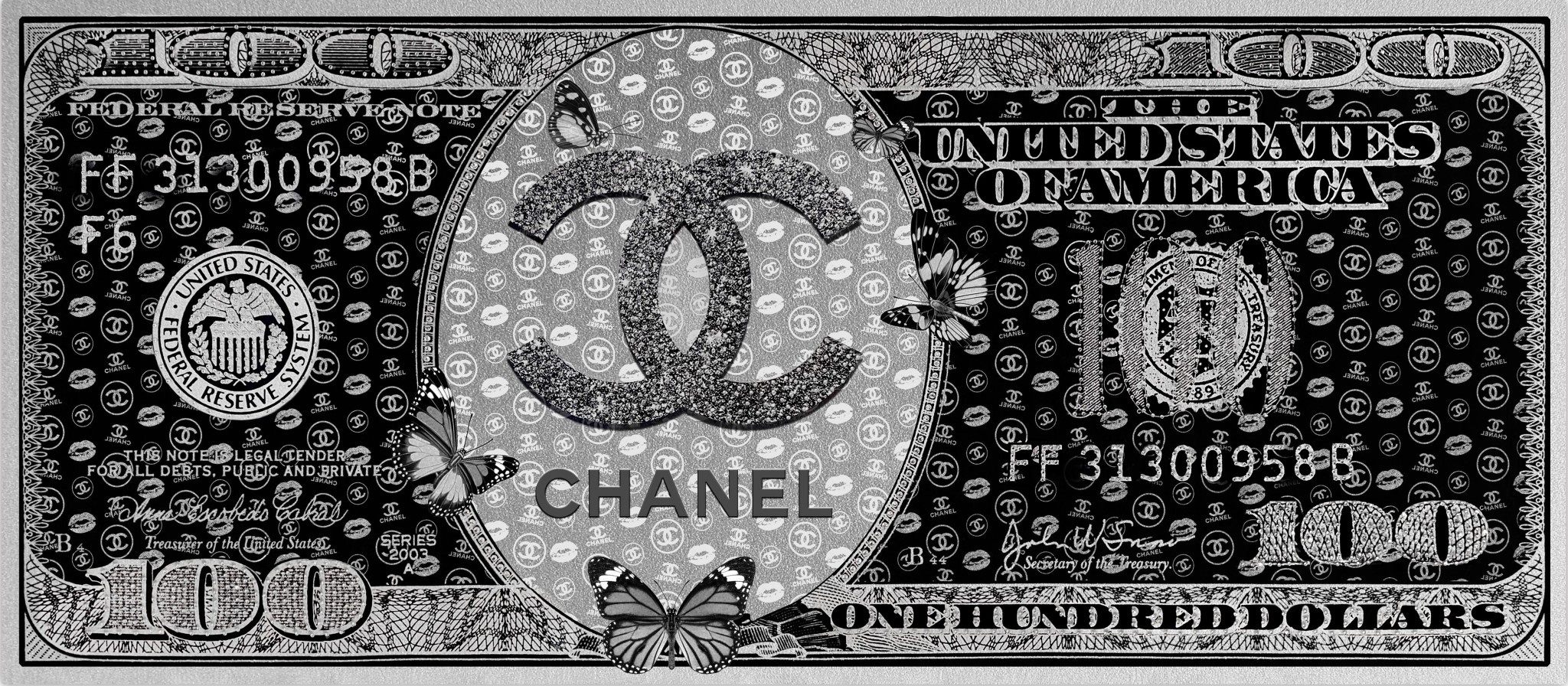 Strass glasschilderij Eliassen.n Chanel dollar biljet s-368