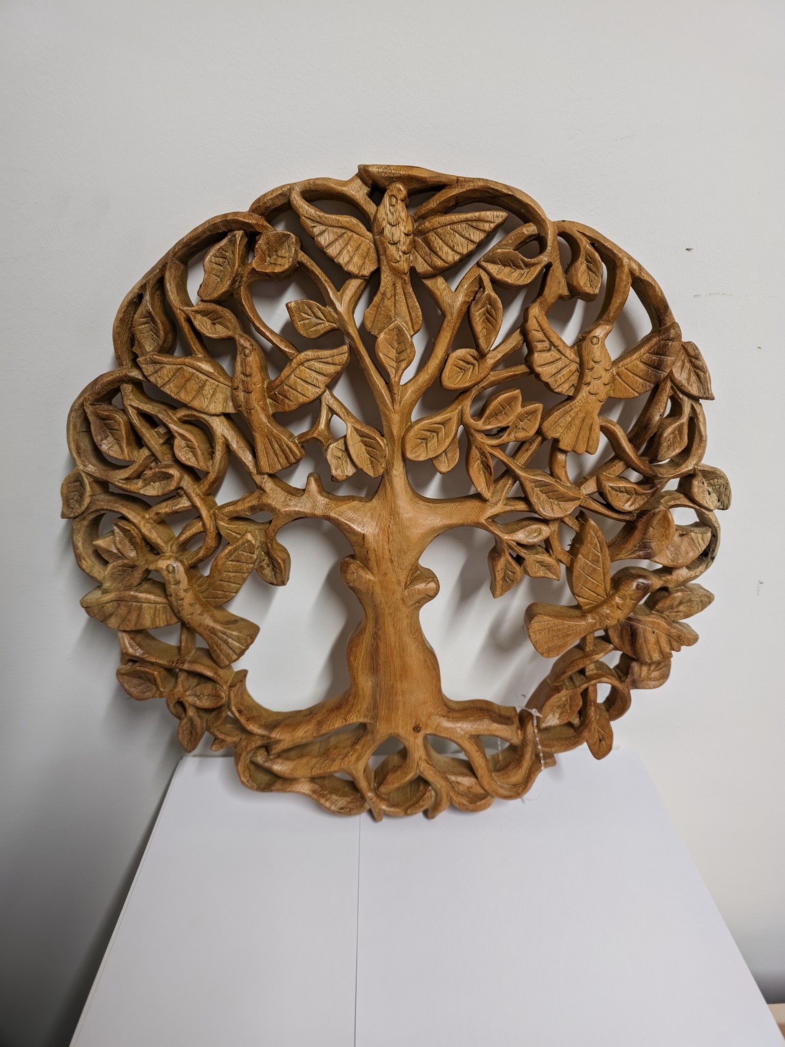 Wandpaneel hout rond levensboom met vogels en bladeren 40cm zonder rand eliassen.nl 1