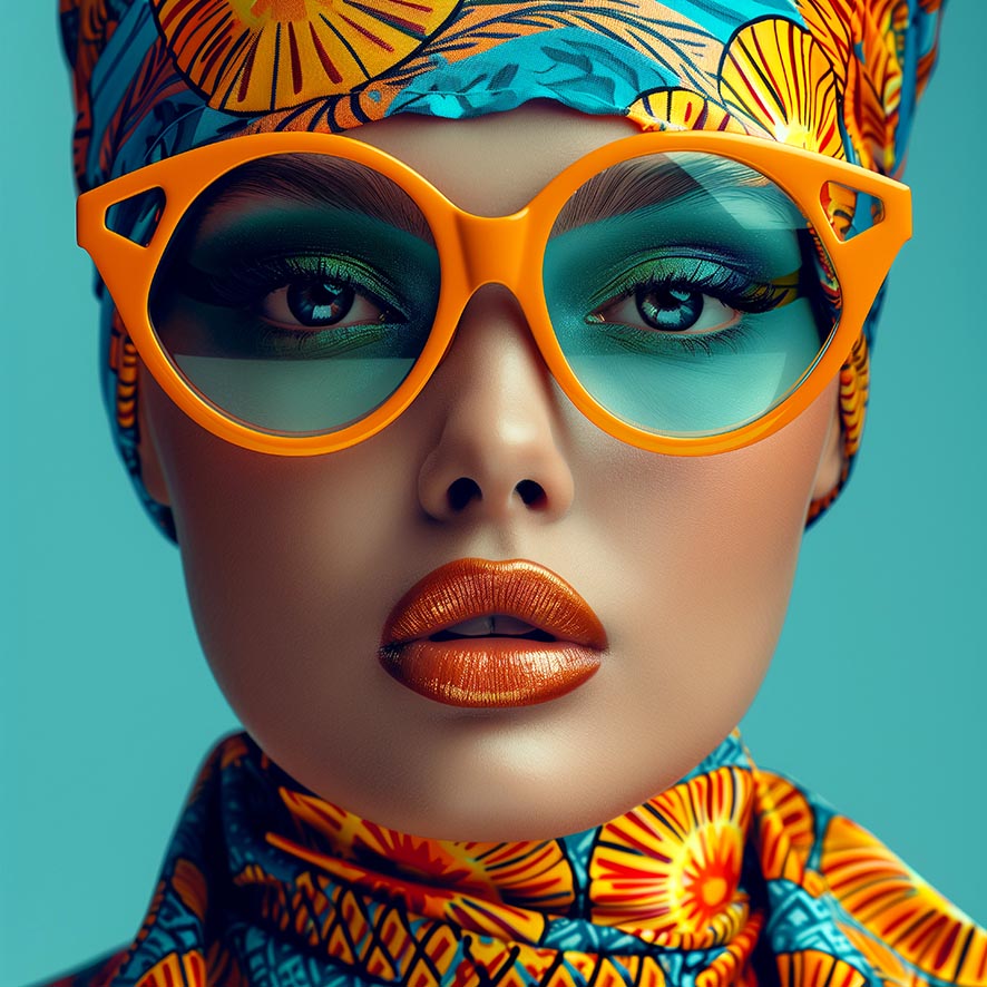 Glasmalerei Frau mit blauer Brille 80x80cm