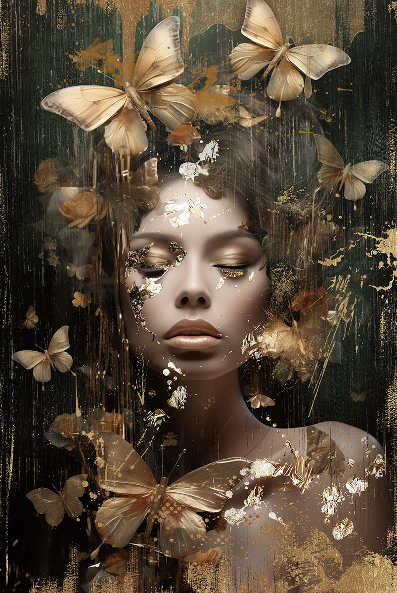 Glasmalerei Frau mit goldenen Schmetterlingen 80x120cm