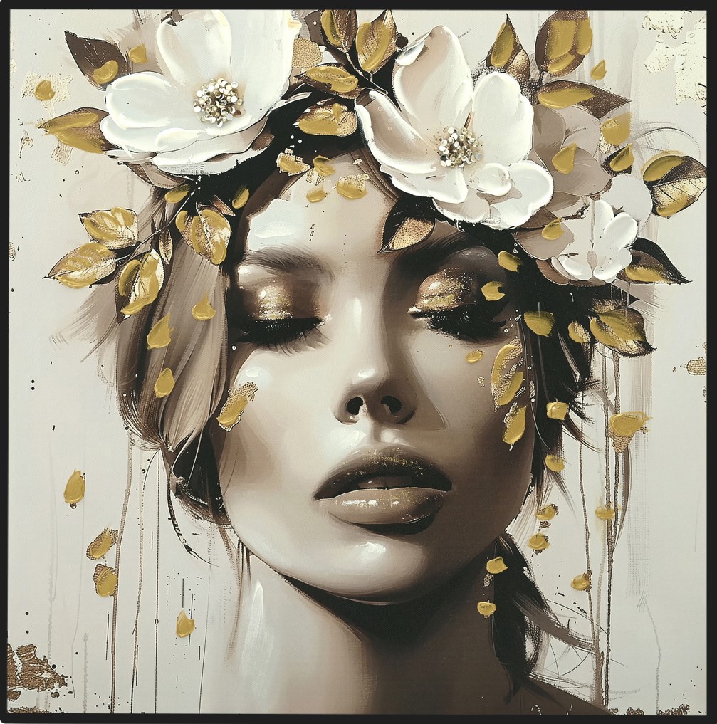 Rhinestone canvas painting high gloss Lady with gold wreath straight 62x62cm