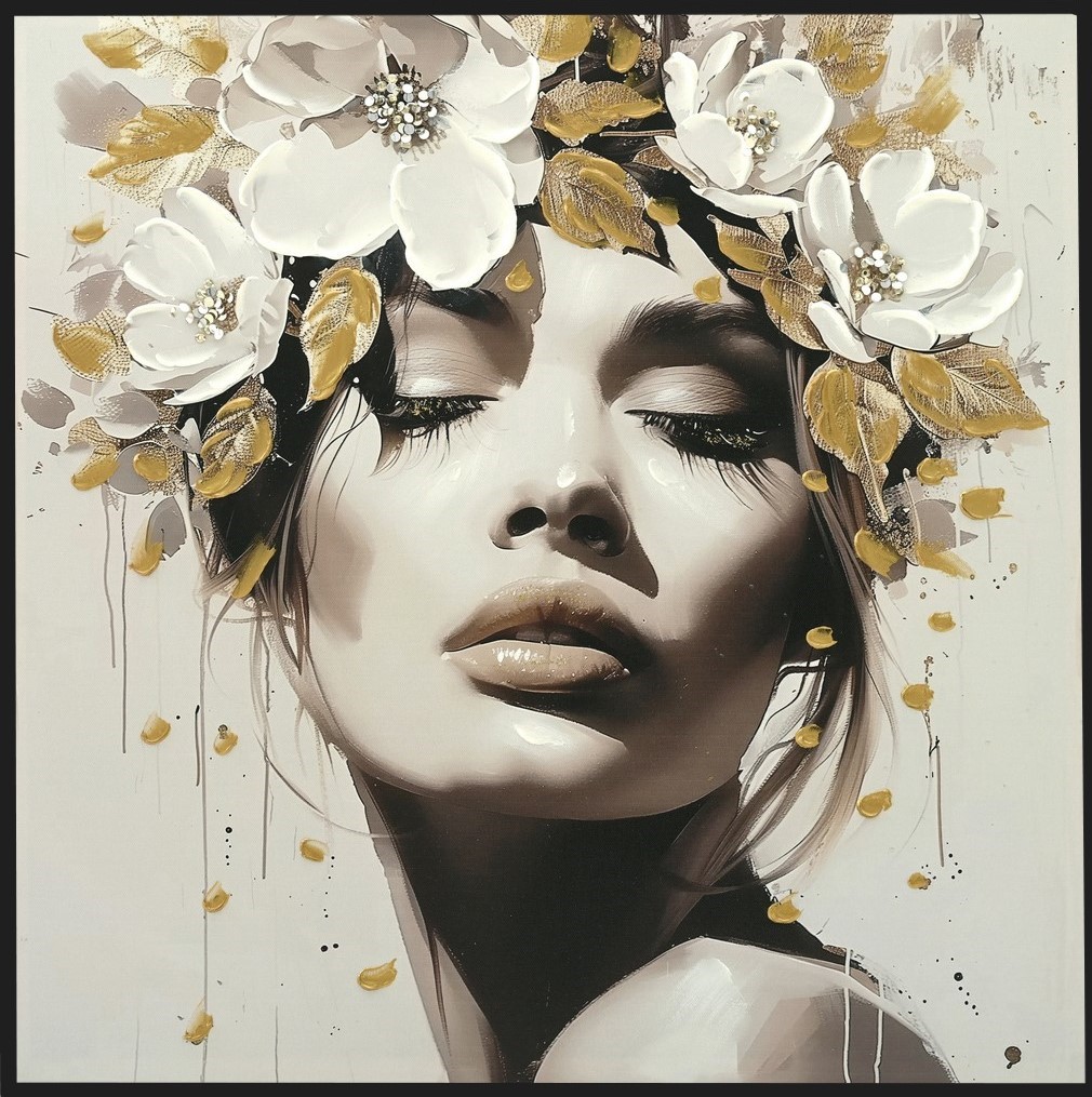 Strass canvas schilderij hoogglans Dame met gouden krans schuin 62x62cm