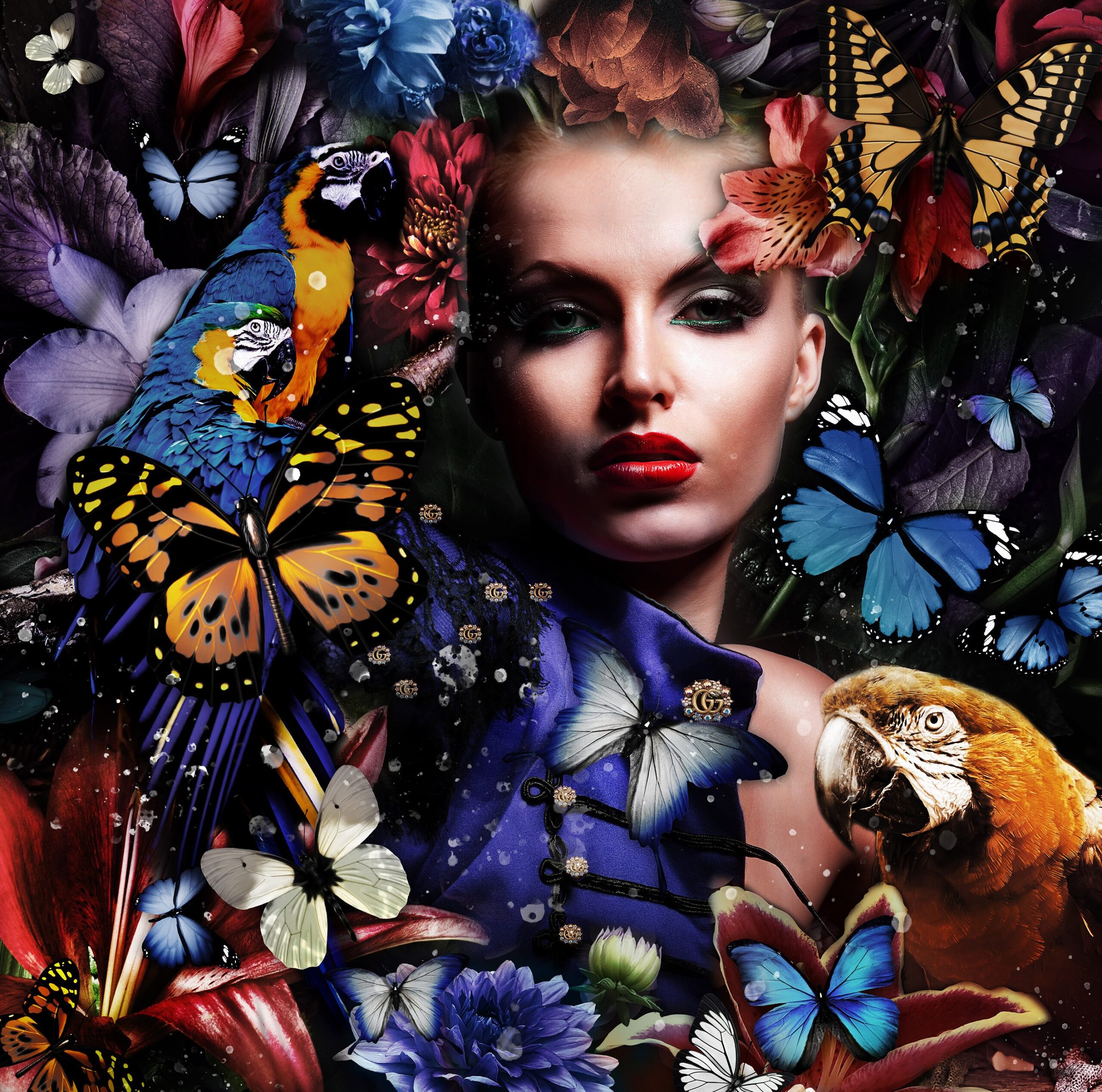 Glasschilderij Vrouw met fantasierijke natuur 100x100cm