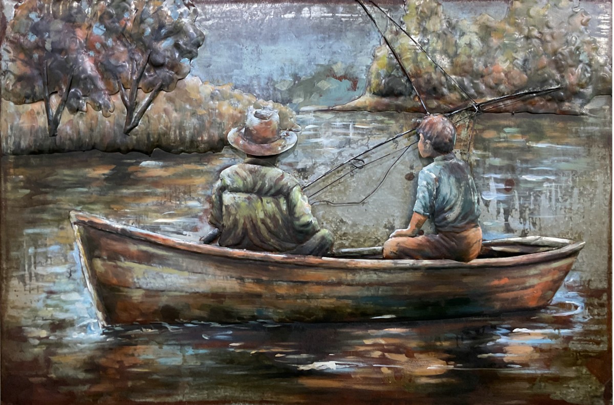 Metalen 3d schilderij vissers op roeiboot 80x120cm eliassen.nl t2354
