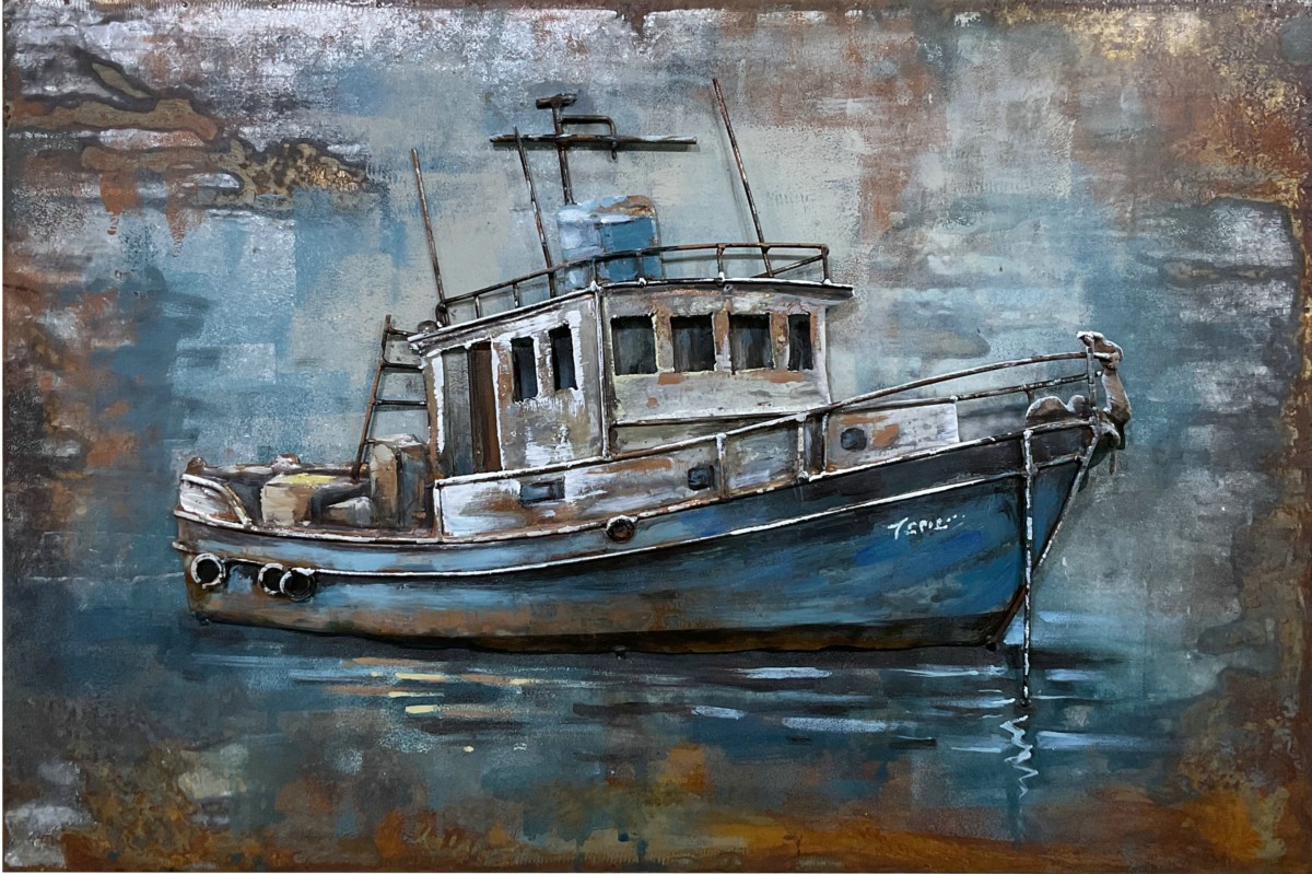 Metalen 3d schilderij Vissersboot 90x60cm