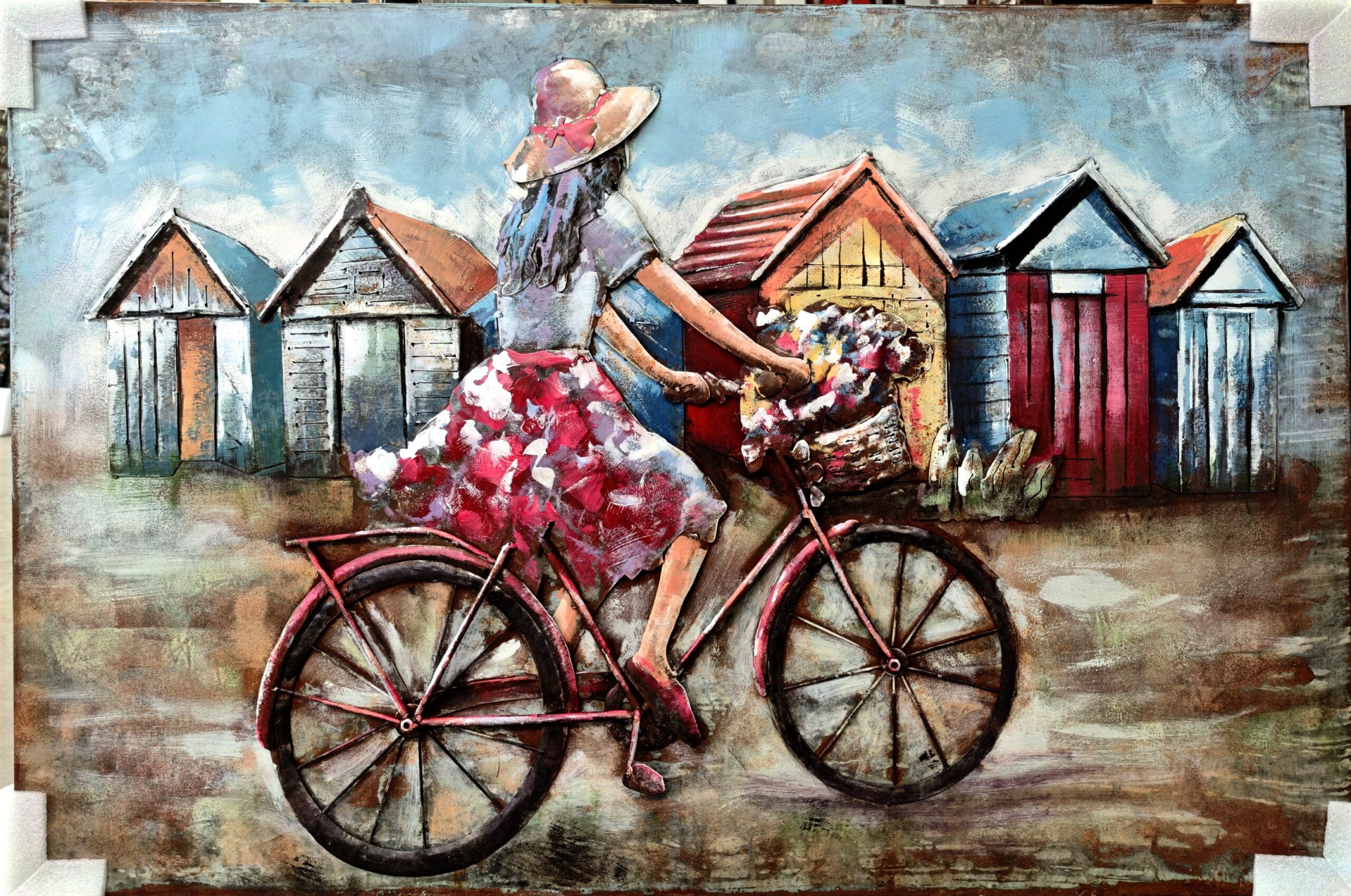 Schilderij 3d metaal Fiets voor strandhuisjes 120x80cm
