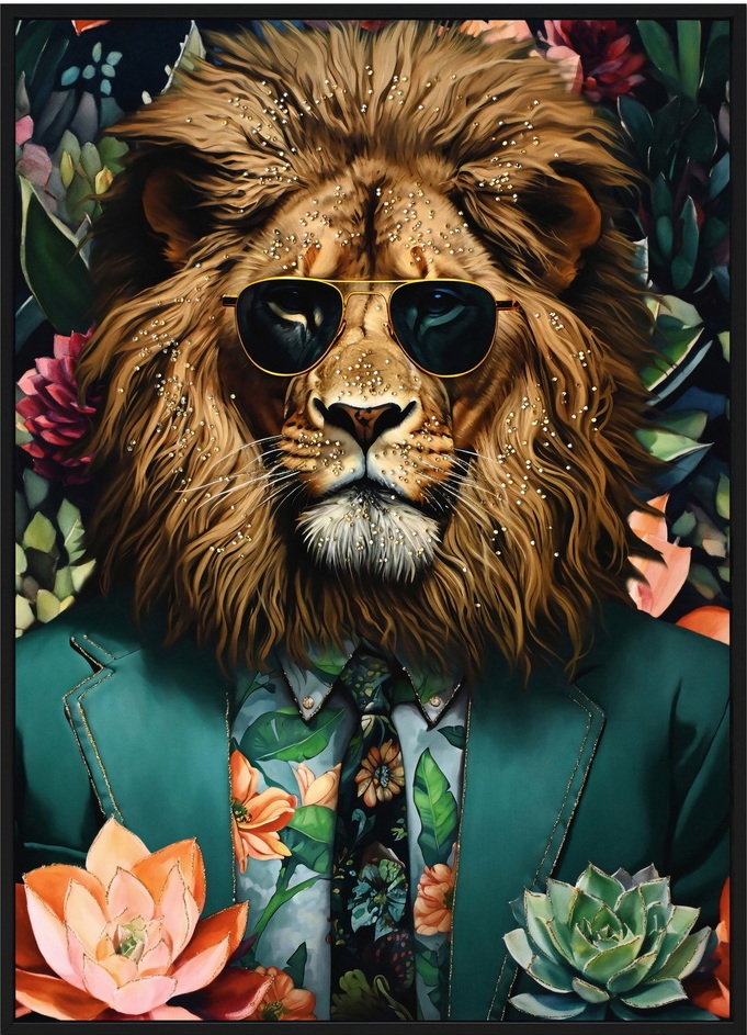 Strass schilderij in lijst Leeuw in de bloemen 53x73cm hoogglans