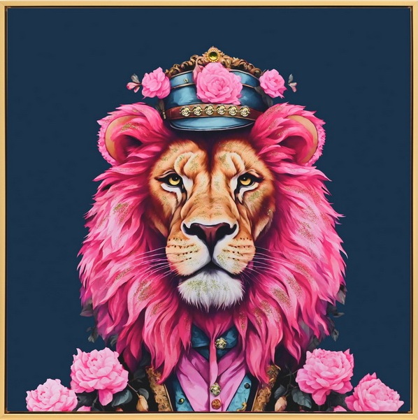 Strass schilderij in lijst Leeuw roze 63x63cm hoogglans