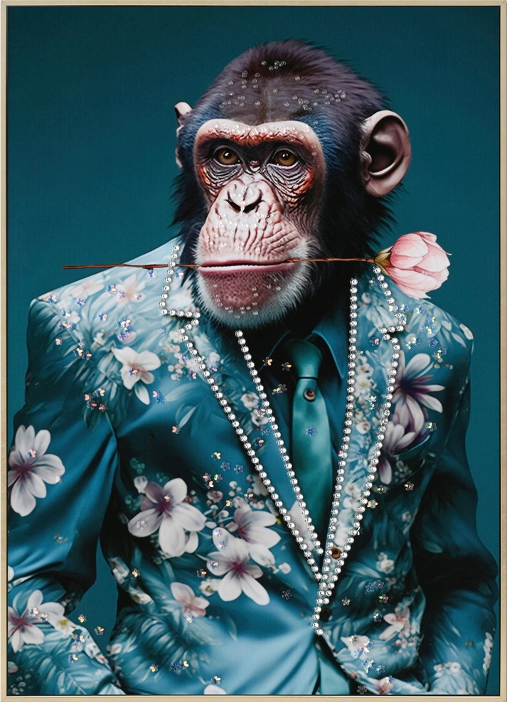 Strass Gemälde im Rahmen Schöner Affe im Anzug 53x73cm Hochglanz