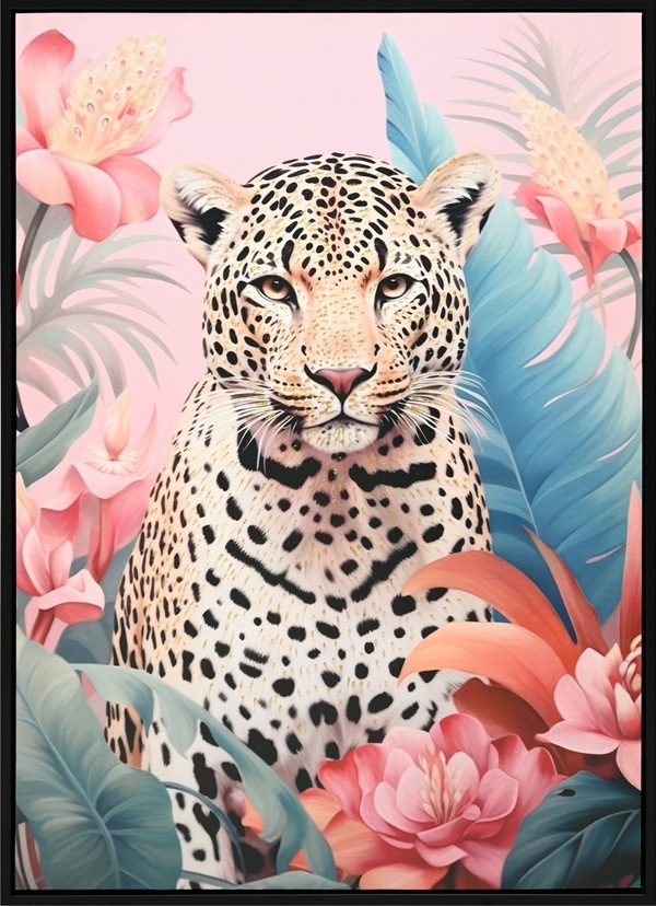 Strass schilderij in lijst Panter met bloemen 53x73cm hoogglans