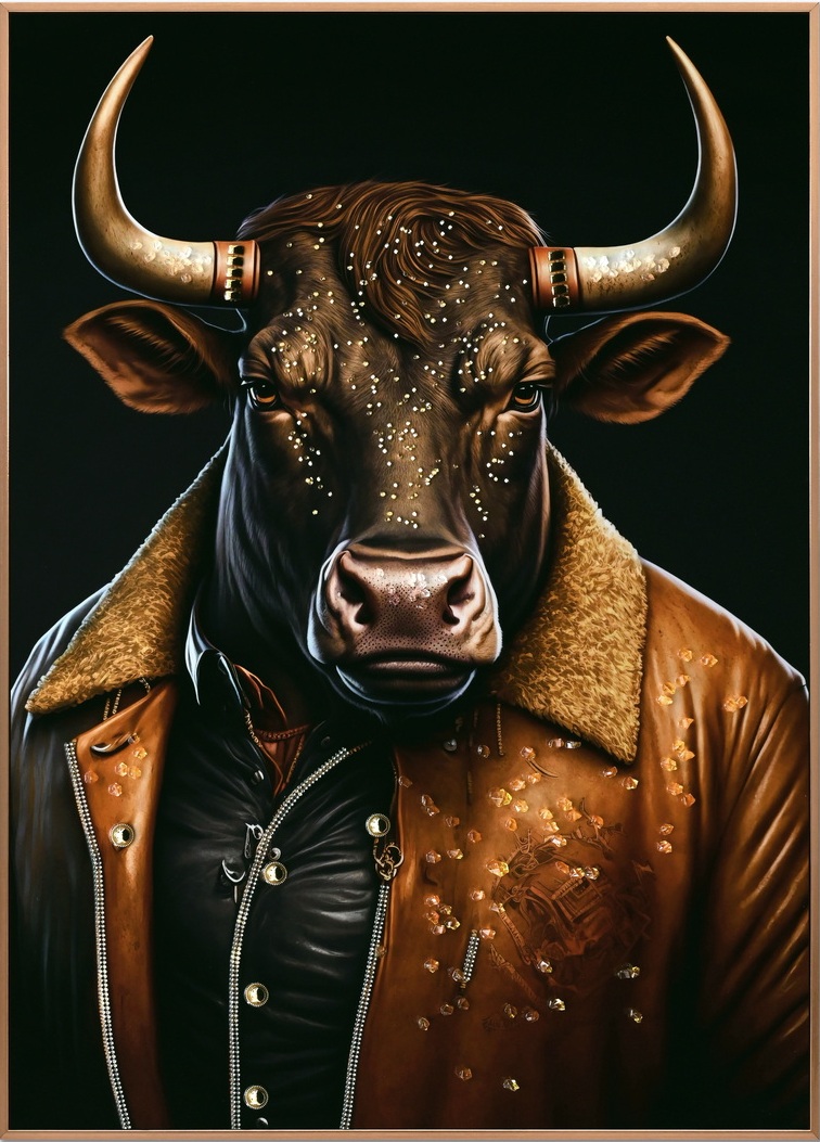 Strass schilderij in lijst Stier in jas 53x73cm hoogglans