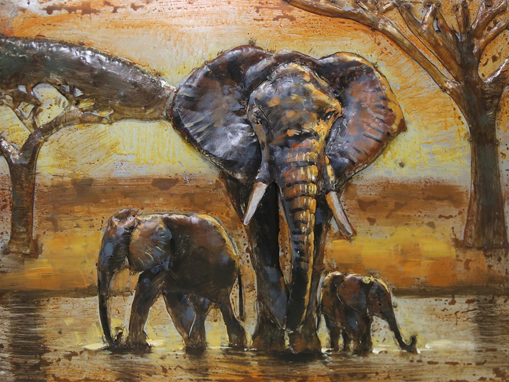 Painting 3d Metal Elephants Family 80x60cm