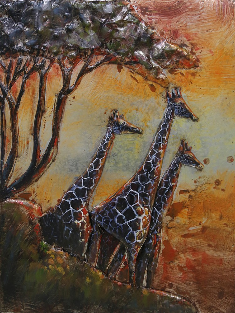 Painting 3d Metal Giraffes Family 60x80cm