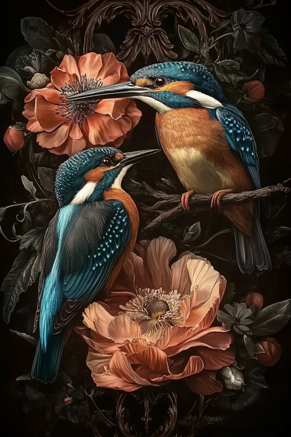 Glass painting 2 kingfishers 80x120cm