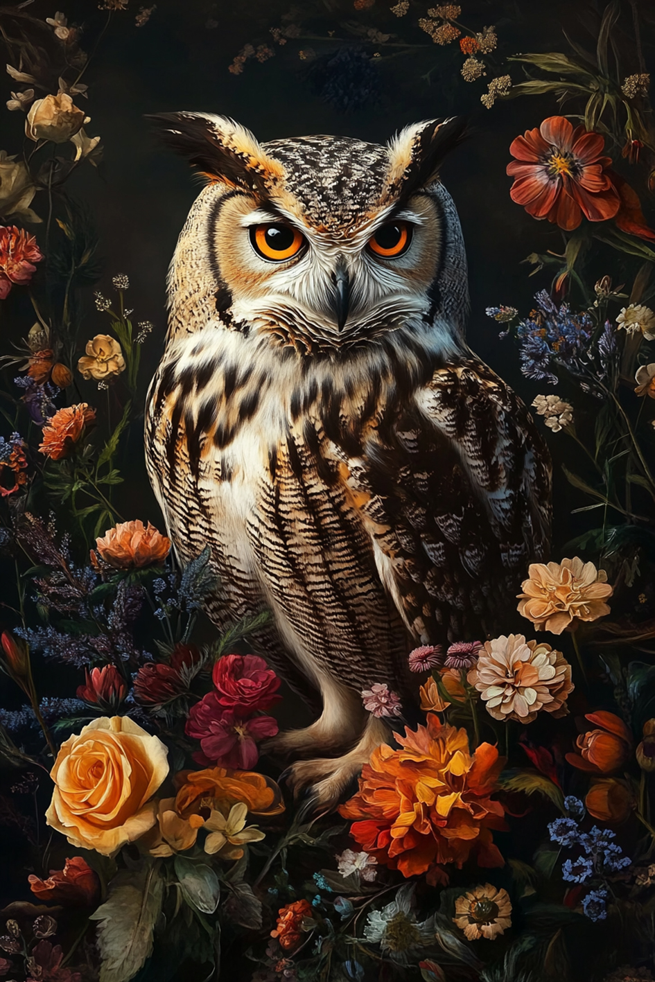 Glass painting Owl in flowers 80x120cm
