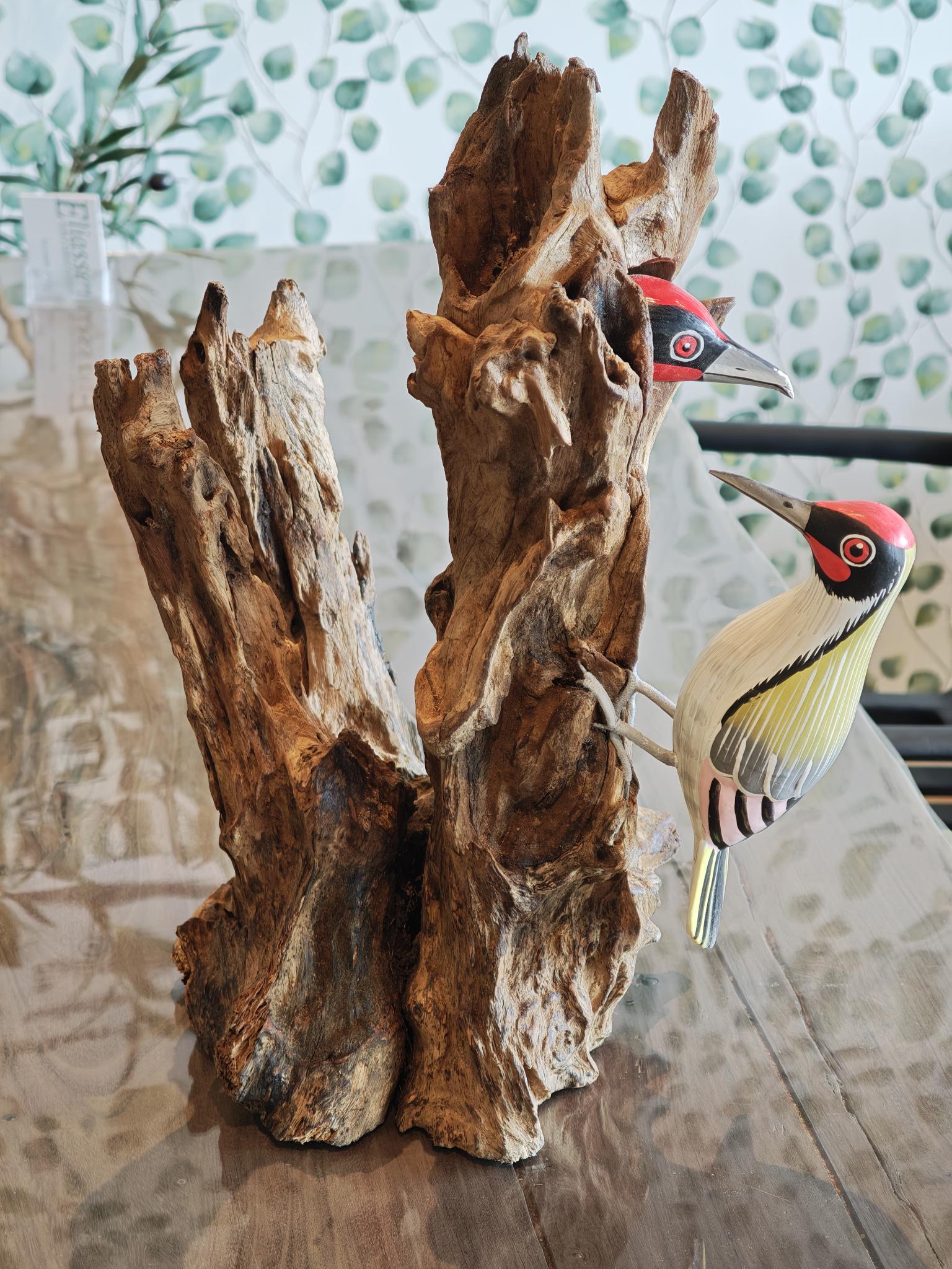 Statue Holz Deko-Stamm mit Grünspecht Duo 37c2