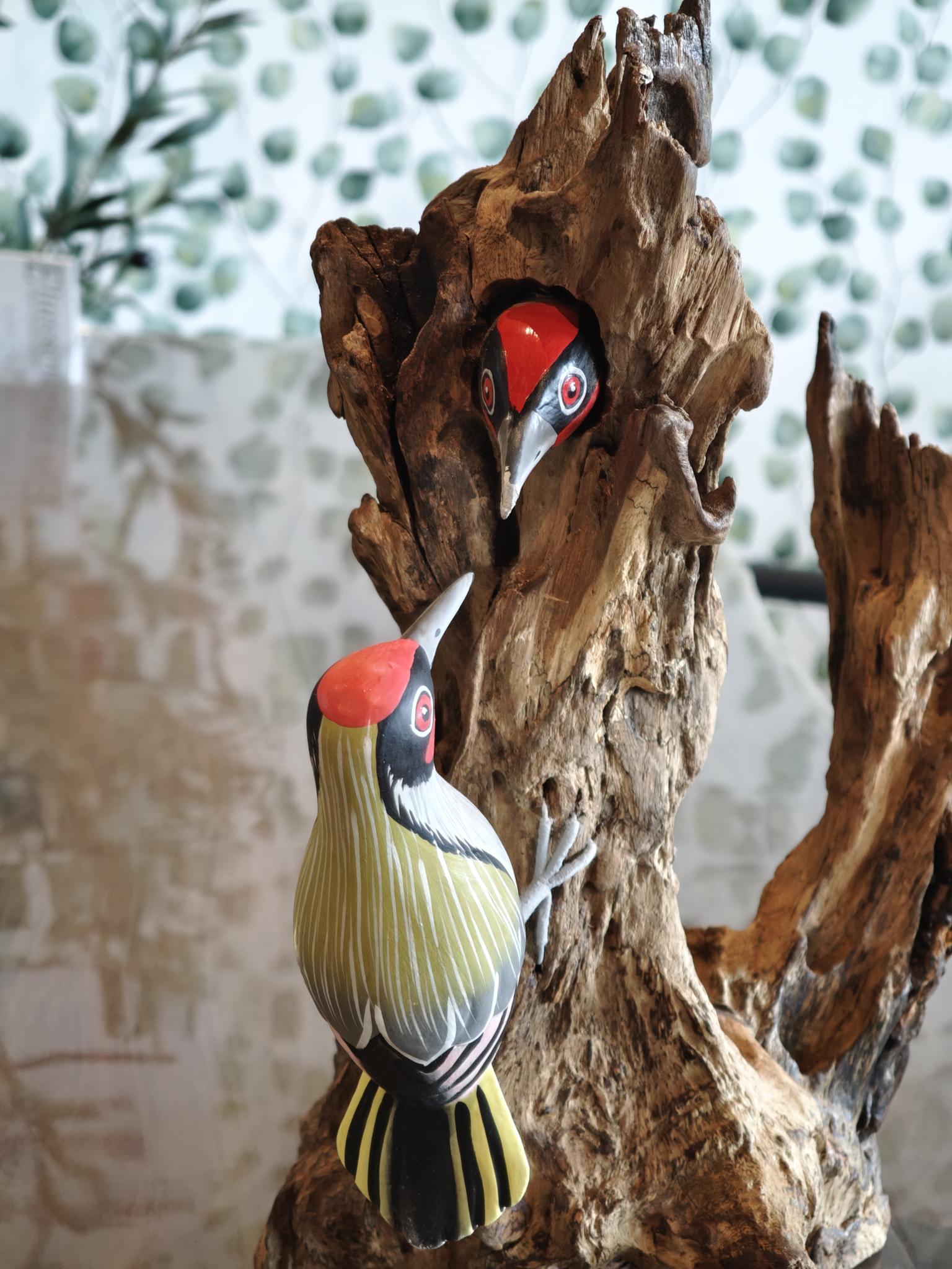 Statue Holz Deko-Stamm mit Grünspecht Duo 37c2