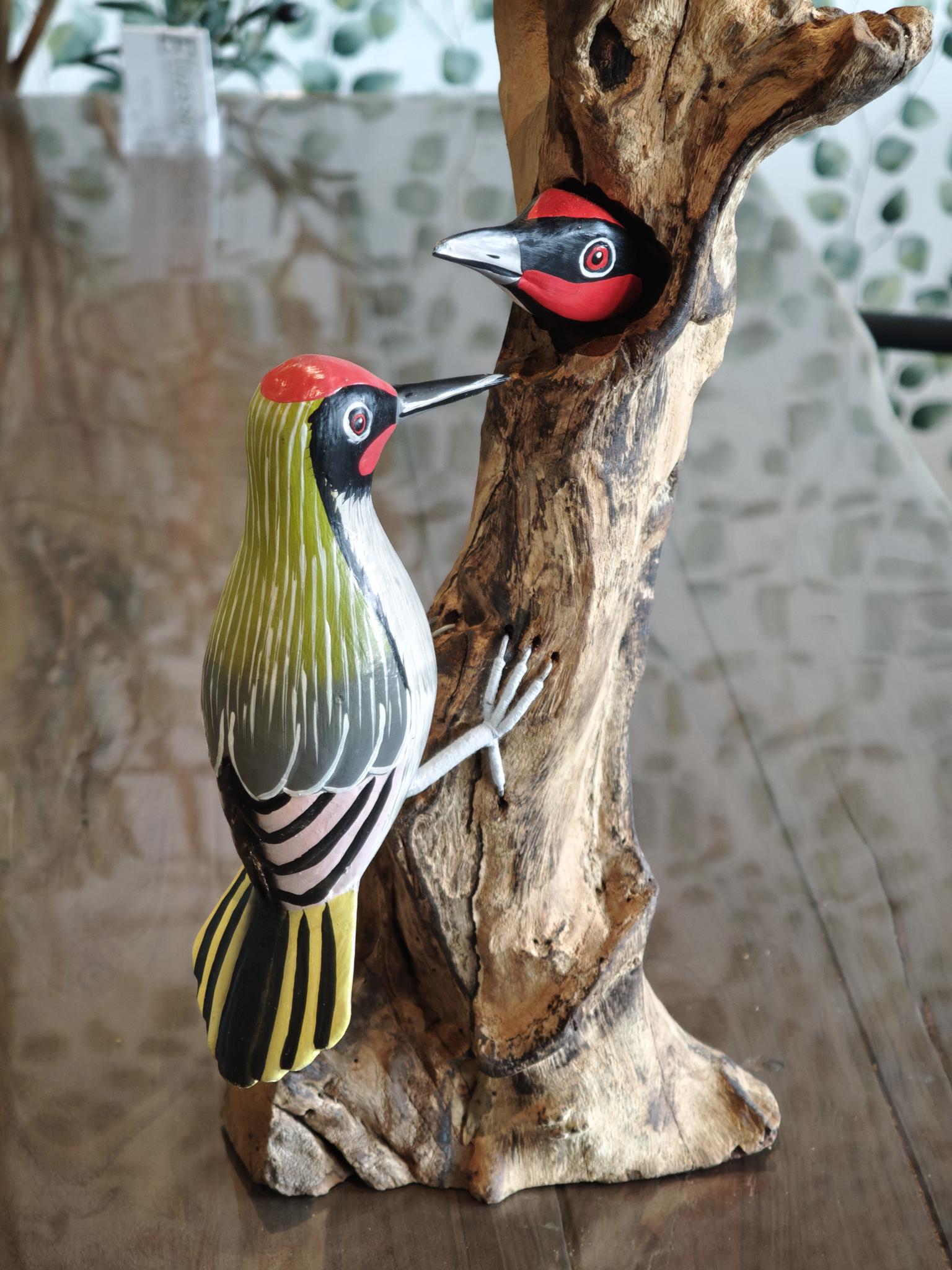 Statue Holz Deko-Stamm mit Grünspecht Duo 37c2