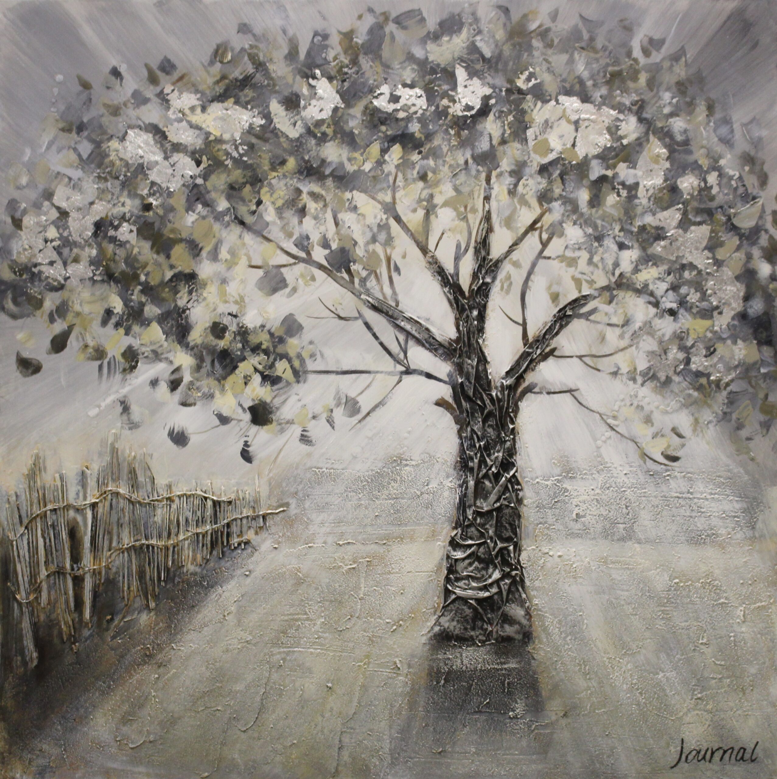 Canvas schilderij Boom naast een hek 100x100cm