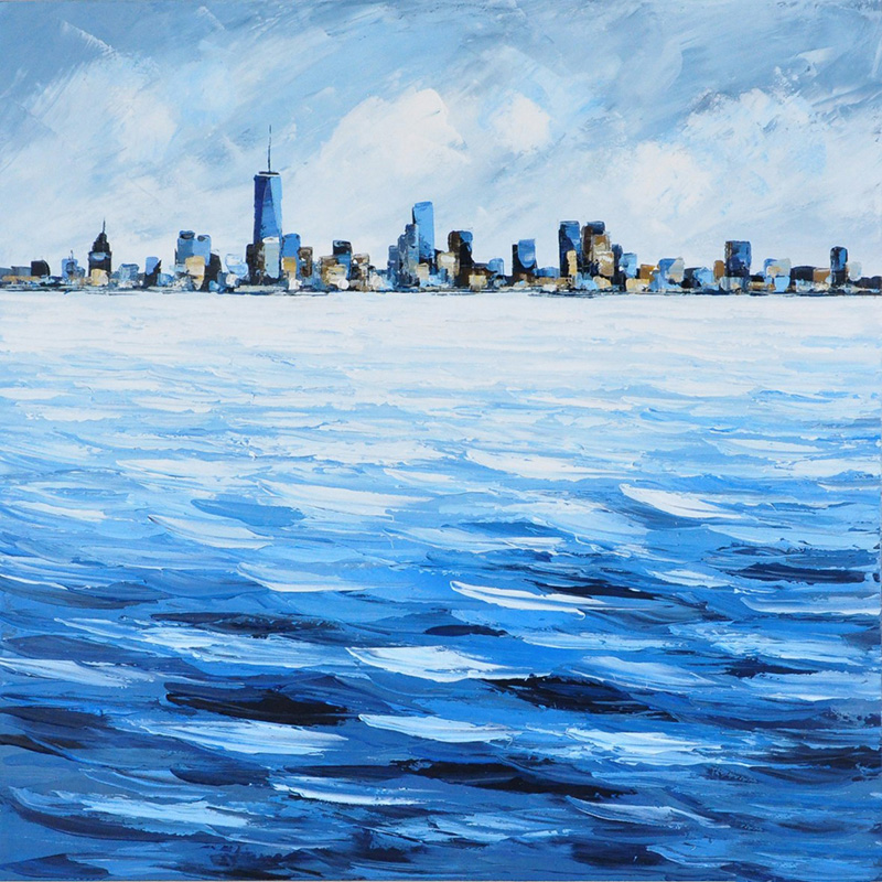 Canvas schilderij Skyline vanaf het water 100x100cm