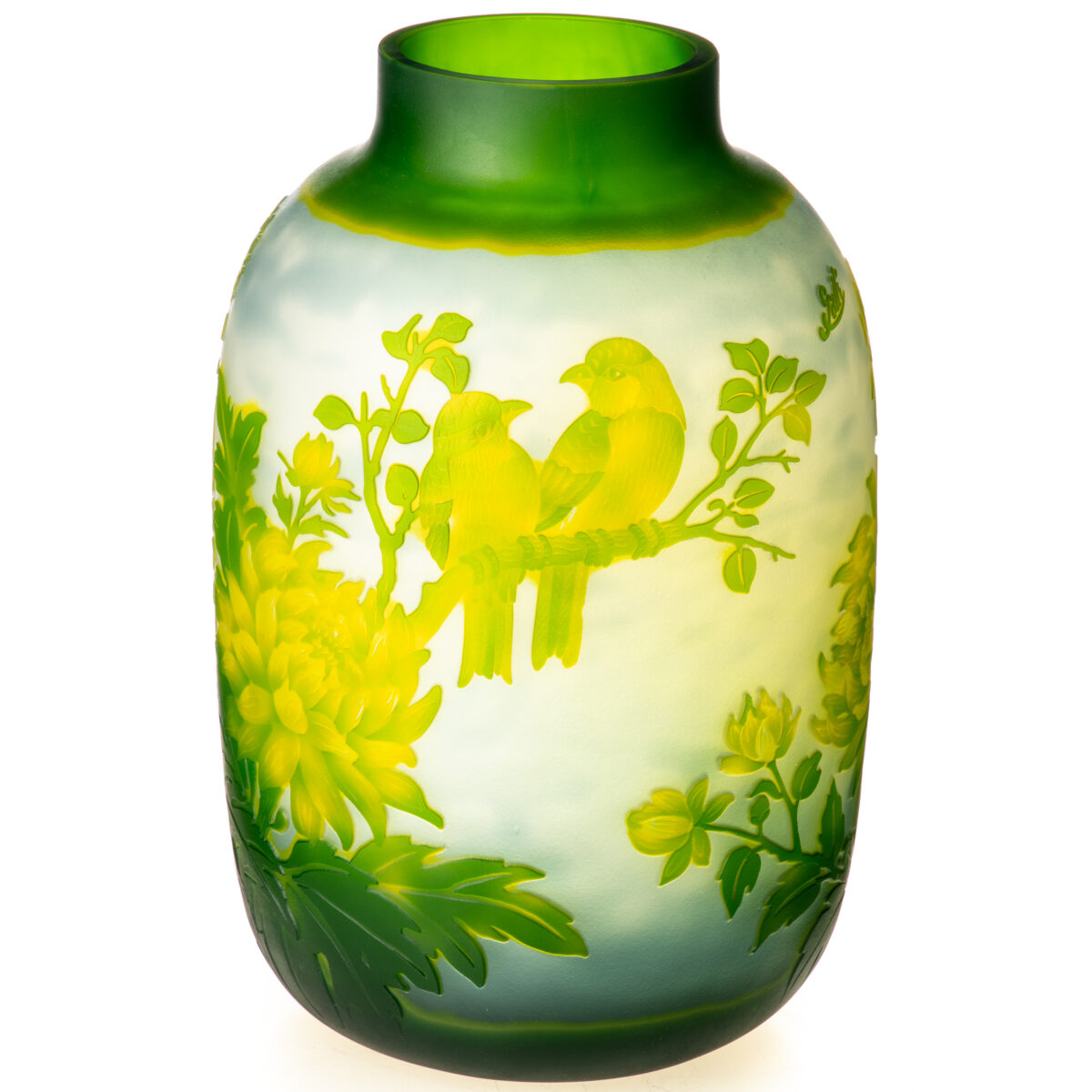 Cameo Glasvase von Emile Gallé Blütenzweig mit Vogel 34cm