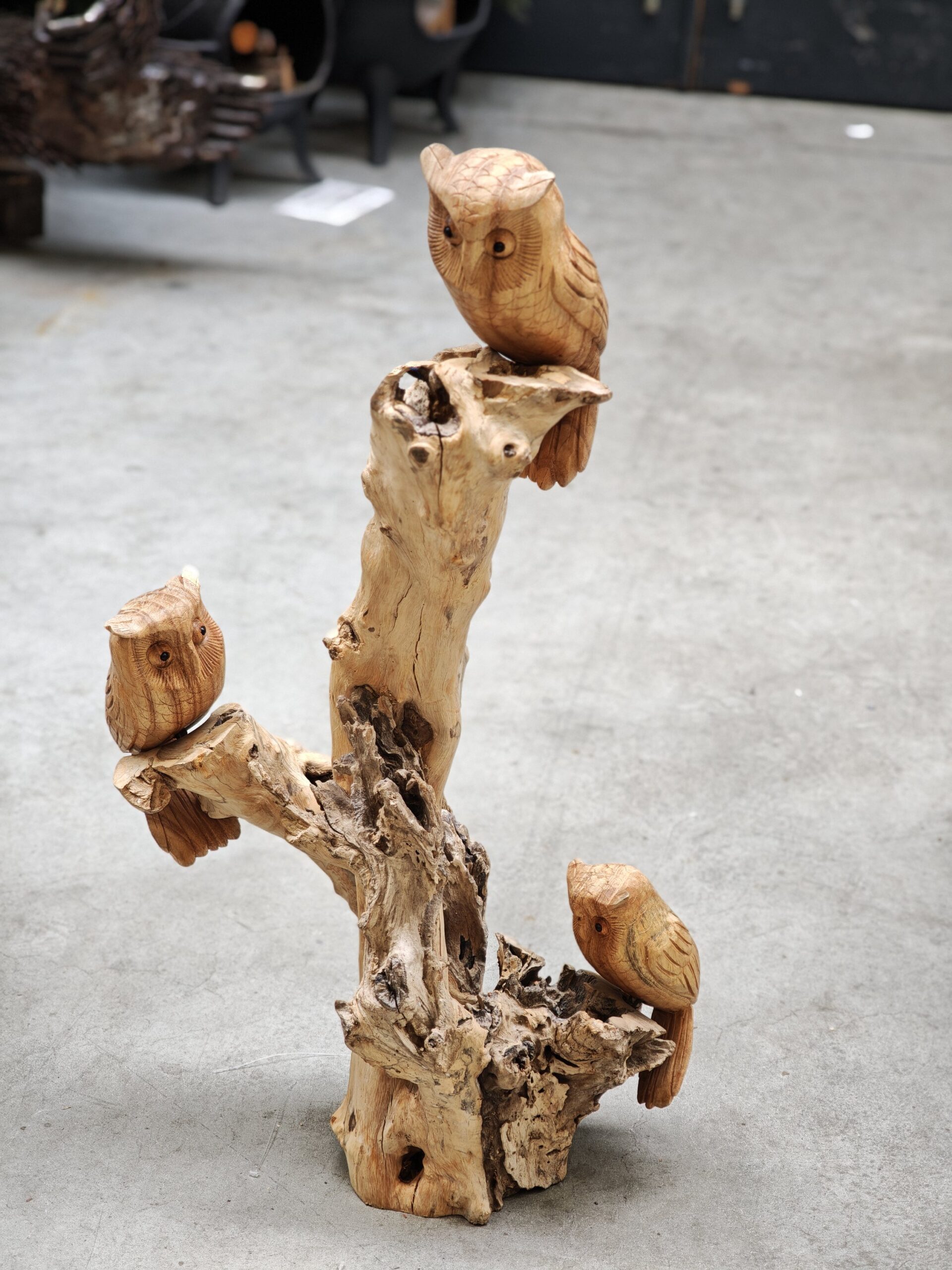 Beeld hout uilenfamilie 3 uilen op stam 82cm