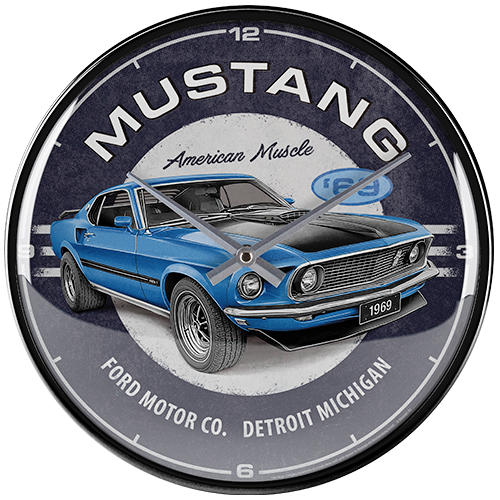 Clock round metal vintage mancave Mustang Mach1 31cm
