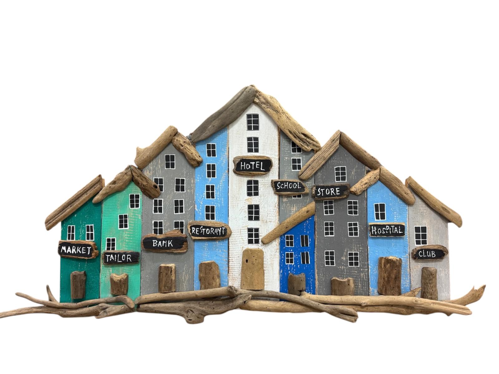 Muurdecoratie drijfhout Rij met Huisjes 90cm eliassen.nl