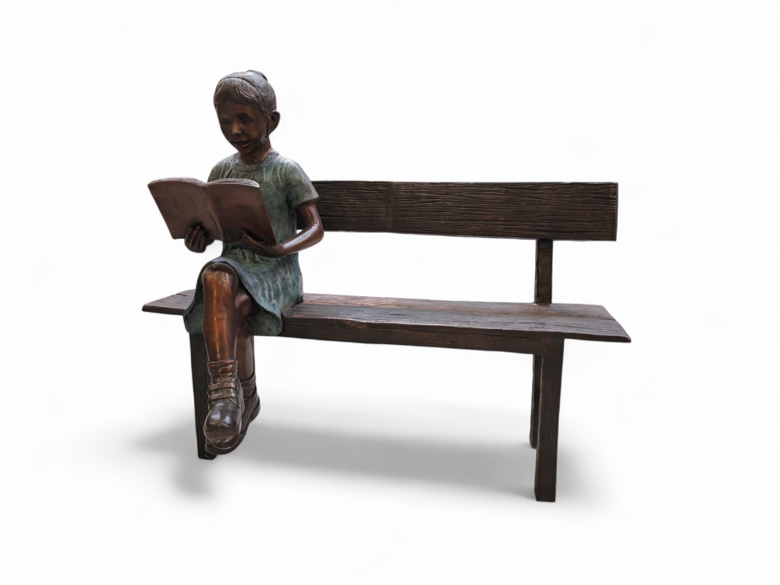 Reading girl on bench bronze 111cm