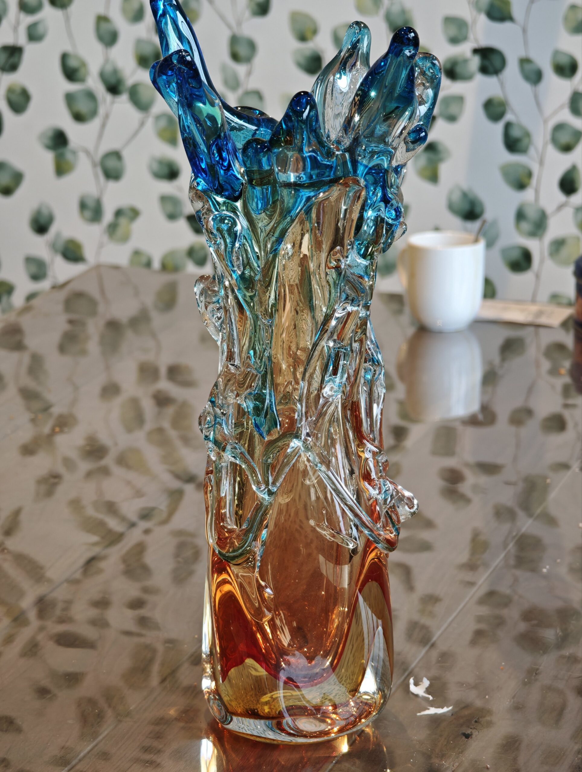 Colored glass vase blue yellow Aqua Eruption 46cm