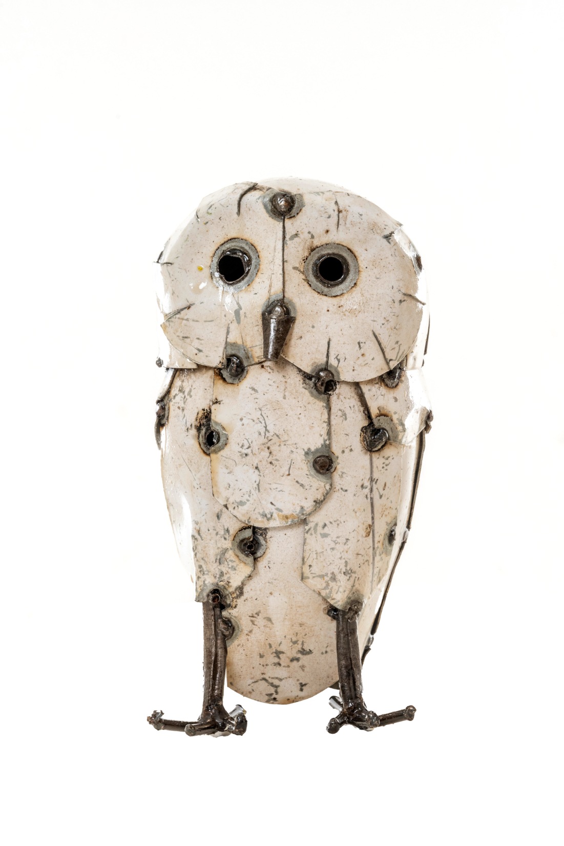 Owl standing with feathers metal white 20cm