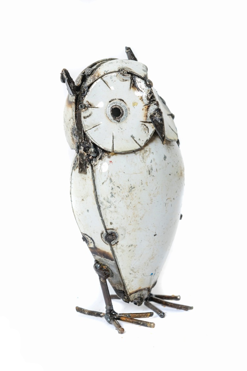 Owl standing metal white 20cm