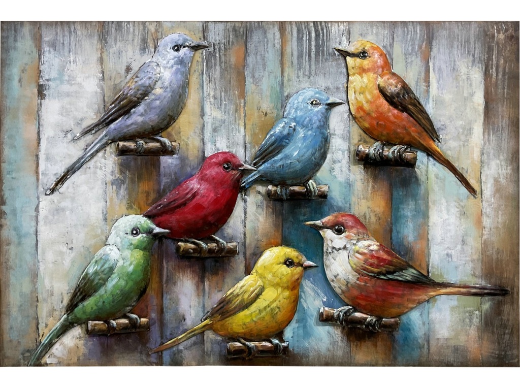 Metal 3D painting Colored birds for slats 120x80cm eliassen.nl